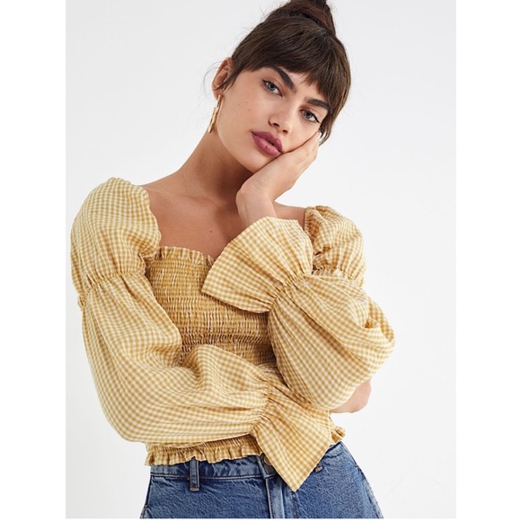 Urban Outfitters Tops - Urban Outfitters Yellow Ruffled Ruche Crop‎ Top Smocked Long Sleeve Checkered S